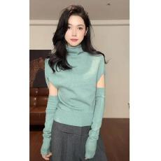 批发<b class='q'>韩版</b>纯色半高领蝙蝠袖拼接袖套针织衫女2025冬季新款气质修身上衣