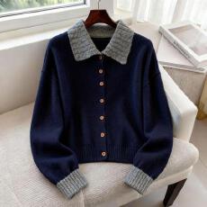 批发韩系秋冬百搭轻熟风拼接翻领时尚减龄<b class='q'>大码</b>遮肉加厚保暖针织毛衣女