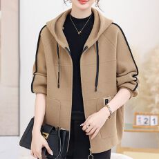 批发双面绒连帽<b class='q'>大</b>码加厚外套<b class='q'>女</b>秋冬季新款中老年宽松减龄针织毛呢开衫