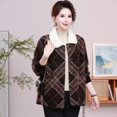 批发秋冬中年新款毛呢外套短款妈妈格子<b class='q'>女</b>装洋气<b class='q'>大</b>码加厚保暖减龄上衣