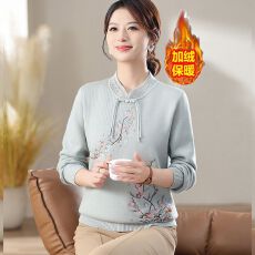 批发秋冬中年妈妈中式加绒加厚毛衣针织旗袍领新款打底<b class='q'>中老年</b>国风上衣