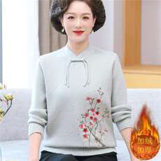 批发<b class='q'>时尚</b>中老年女秋冬季一体绒针织打底衫旗袍领毛衣妈妈秋装宽松上衣
