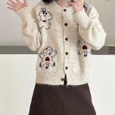 批发新款甜美针织韩系宽松针织开衫2026卡通慵懒风刺绣<b class='q'>女式</b>毛衣外套女