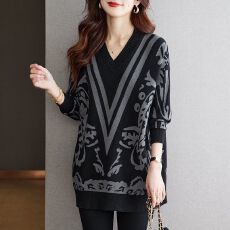 批发新款秋冬装针织衫女<b class='q'>中长款</b>v领毛衣<b class='q'>打底衫</b>宽松大码提花针织衫上衣