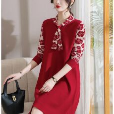 批发时尚蝴蝶结洋气针织连衣裙中老年秋冬<b class='q'>大码</b>中长款宽松减龄毛衣裙女