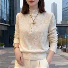 秋冬新款提花蕾丝立领减龄显白纽扣高级气质大码针织内搭上衣女
