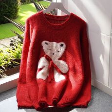 批发慵懒卡通小熊蝴蝶结大码针织毛衣秋冬新款宽松<b class='q'>韩版</b>加厚针织衫上衣