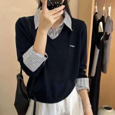 批发韩系简约格子<b class='q'>衬衫</b>拼接长袖假两件2026春秋新款宽松毛衣针织衫上衣