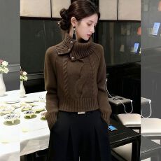 批发秋冬老钱风高领麻花针织<b class='q'>衫</b>女2025新款设计感咖色套头时尚气质毛衣