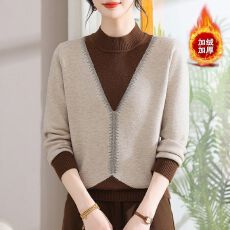 批发假两件半高领中老年大码毛衣加绒保暖上衣<b class='q'>妈妈装</b>套头宽松针织衫女