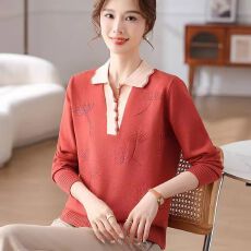 批发2026新款翻领打底新款宽松上衣<b class='q'>中老年</b>女装针织春秋毛衣洋气上衣女