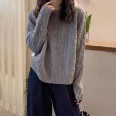 批发新款简约大码上衣圆领纯色羊毛衫慵懒宽松针织衫打底麻花套头毛衣