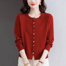 批发春秋新款桑蚕丝短款针织开衫女洋气<b class='q'>薄款</b>上衣彩扣外套圆领毛衣外搭