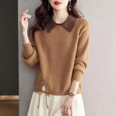 批发时尚娃娃领撞色毛衣女士短款2026秋冬<b class='q'>新款</b>设计感内搭针织打底衫厚