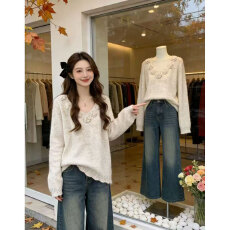 批发欧货独特洋气v领花朵毛衣女2025冬大码<b class='q'>胖</b>mm<b class='q'>宽松</b>慵懒风针织衫上衣