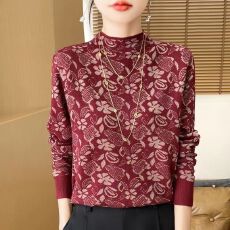 批发春秋半高领精纺羊毛衫女亮丝提花长袖针织毛衣气质<b class='q'>蕾丝</b><b class='q'>钩花</b>打底衫