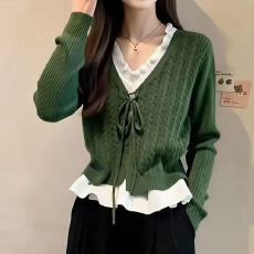 批发高级感假两件V领针织衫女2026春秋新款法式木耳边毛衣长袖上衣女