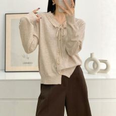 批发翻领设计感小<b class='q'>开衫</b>外套女早春温柔韩式绑带上衣宽松长袖针织衫毛衫