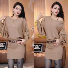 批发时尚新款春秋冬款穿搭女装可拉肩针织<b class='q'>连衣裙</b>包臀裙洋气毛衣短裙女