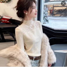 蕾丝拼接半高领毛针织衫女春秋新款时尚百搭减龄洋气打底衫上衣女