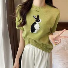 批发时尚小兔子提花短袖<b class='q'>毛衣</b>女2026春夏新款设计感泡泡袖甜辣气质外穿