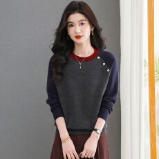 批发2026春<b class='q'>秋</b>软糯圆领拼色插肩毛衣女设计感小众针织衫拼色女士上衣