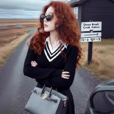 批发春<b class='q'>秋</b>新款时尚假两件西装领针织打底衫内搭大码修身显瘦撞色毛衣女