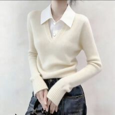 批发韩系假两件拼接百搭polo针织纯色上衣春<b class='q'>秋</b>季新款时尚减龄显瘦上衣
