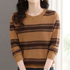 批发时尚<b class='q'>妈妈</b>春装薄款针织衫<b class='q'>中年</b>女装套头毛衣短款低圆领条纹羊毛衫女