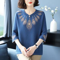 批发气质国风女士旗袍领冰丝针织七分袖时尚提花2026春秋新款<b class='q'>妈妈</b>上衣