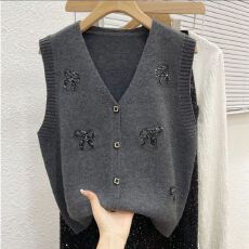 批发2026<b class='q'>春</b>秋高级亮片开衫毛衣马甲针织新款宽松时尚百搭坎肩背心上衣