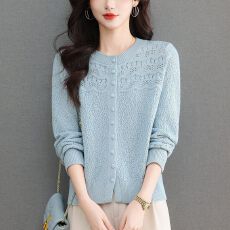 批发温柔风镂空针织开衫女圆领薄款短款毛衣外套新款<b class='q'>妈妈装</b>多巴胺上衣