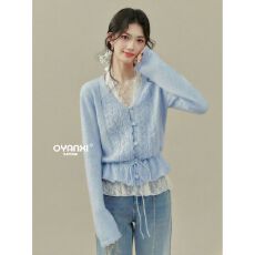 批发时尚韩系百搭抽绳<b class='q'>镂空</b>V领<b class='q'>镂空</b>冰丝针织衫女巨好看显白显瘦上衣女