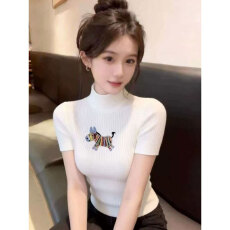 批发韩系时尚刺绣半高领针织衫女2026早春新款<b class='q'>修身</b>内搭打底衫短袖上衣