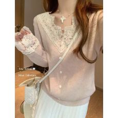 批发法式温柔风蕾丝花边V领毛衣女春秋软糯针织衫气质百搭内搭<b class='q'>打底衫</b>