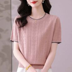 批发2026新款夏季镂空冰丝针织衫<b class='q'>妈妈</b>宽松女士t恤短袖薄款显瘦上衣女