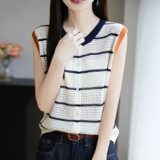 批发2026夏季新款T恤莱赛尔天丝镂空撞色无袖<b class='q'>开衫</b><b class='q'>条纹</b>圆领短袖上衣女