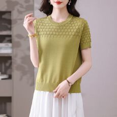 批发洋气<b class='q'>桑蚕丝</b>短袖薄款夏季冰丝新款大码针织衫宽松镂空洋气T恤<b class='q'>上衣</b>