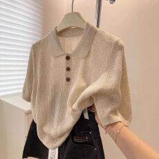 批发慵懒风时尚POLO领<b class='q'>针织衫</b>短袖2026夏装新款女装韩系宽松纯色T恤潮