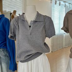 批发polo领短袖<b class='q'>针织衫</b>女2026新款大码拼接格子别致宽松显瘦韩系上衣女