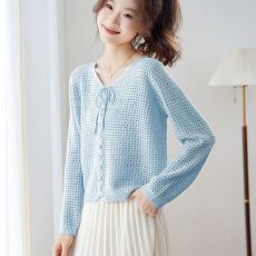 批发韩版系带镂空设计冰丝<b class='q'>针织衫</b>女2026新款春秋洋气打底蝴蝶结上衣女