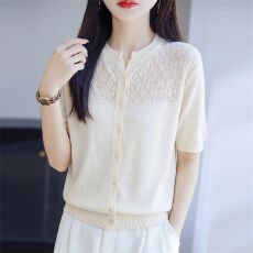 批发高档桑蚕丝开衫T恤女装镂空针织短袖2026夏季薄款宽松<b class='q'>妈妈装</b><b class='q'>上衣</b>