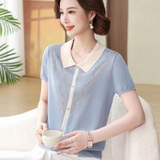 批发新款韩版冰丝短袖T恤洋气翻领时尚百搭减龄<b class='q'>中老年女装</b>针织<b class='q'>上衣</b>女