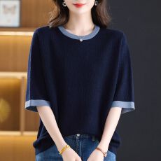 批发春夏时尚中袖大码针织衫<b class='q'>加大</b>码圆领上衣冰丝宽松遮肉五分袖T恤女