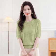 批发圆领镂空<b class='q'>中袖</b>上衣纯色百搭气质小衫夏季新款针织衫薄款凉爽上衣女
