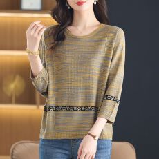 批发中年妈妈春夏<b class='q'>秋</b>上衣女时尚七分袖t恤宽松大码冰丝针织圆领上衣女