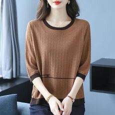 批发春夏<b class='q'>秋</b>新款加大码洋气七分袖针织上衣中年妈妈遮肚显瘦薄款T恤衫