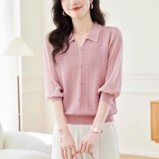 批发中袖t恤女2026新款时尚女装春<b class='q'>秋</b>翻领七分袖小衫春夏冰丝针织上衣