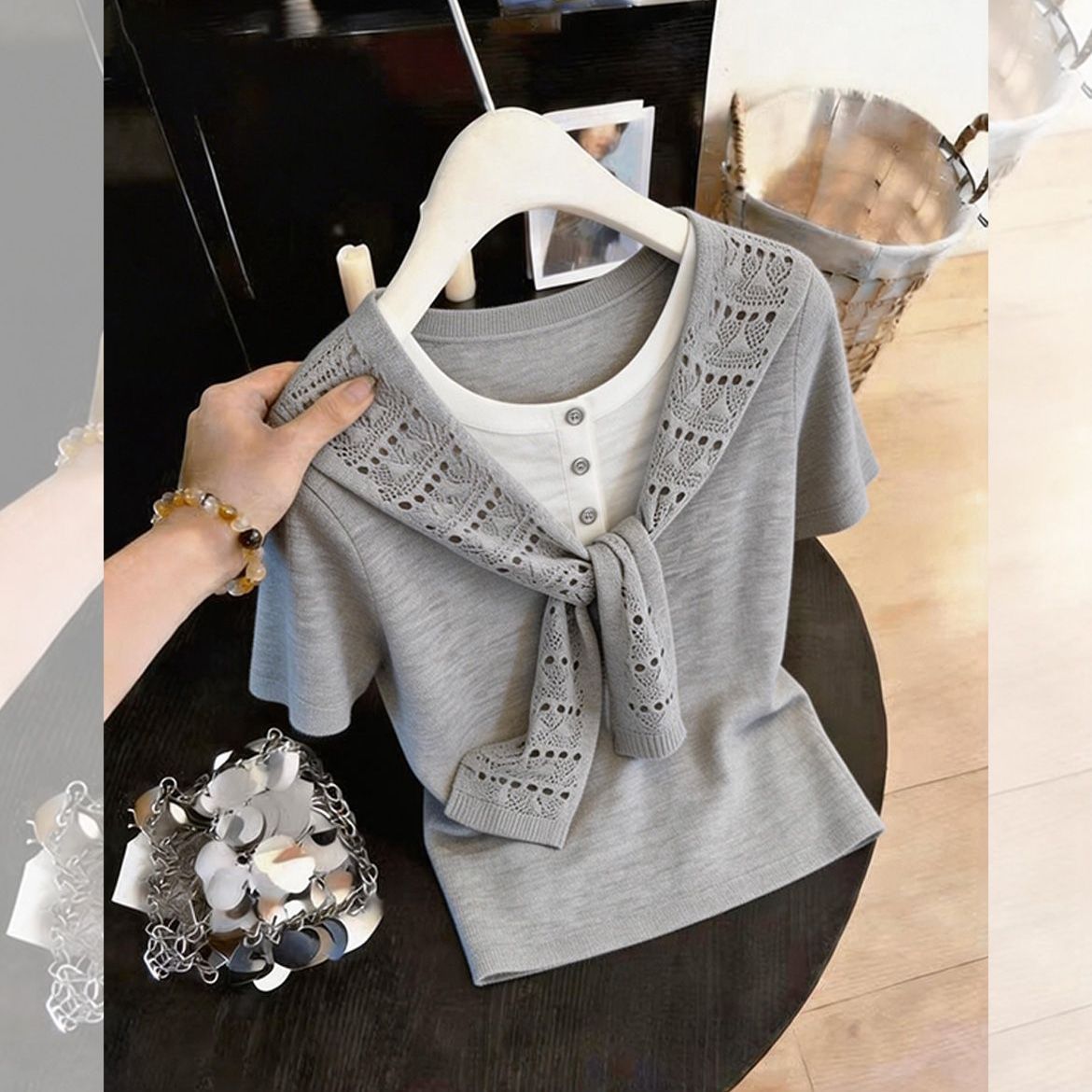 카운터 품질 2026 여름 숄 회색 차가운 가짜 두 조각 니트 스웨터 캐주얼 무거운 작업 반팔 티셔츠 여성