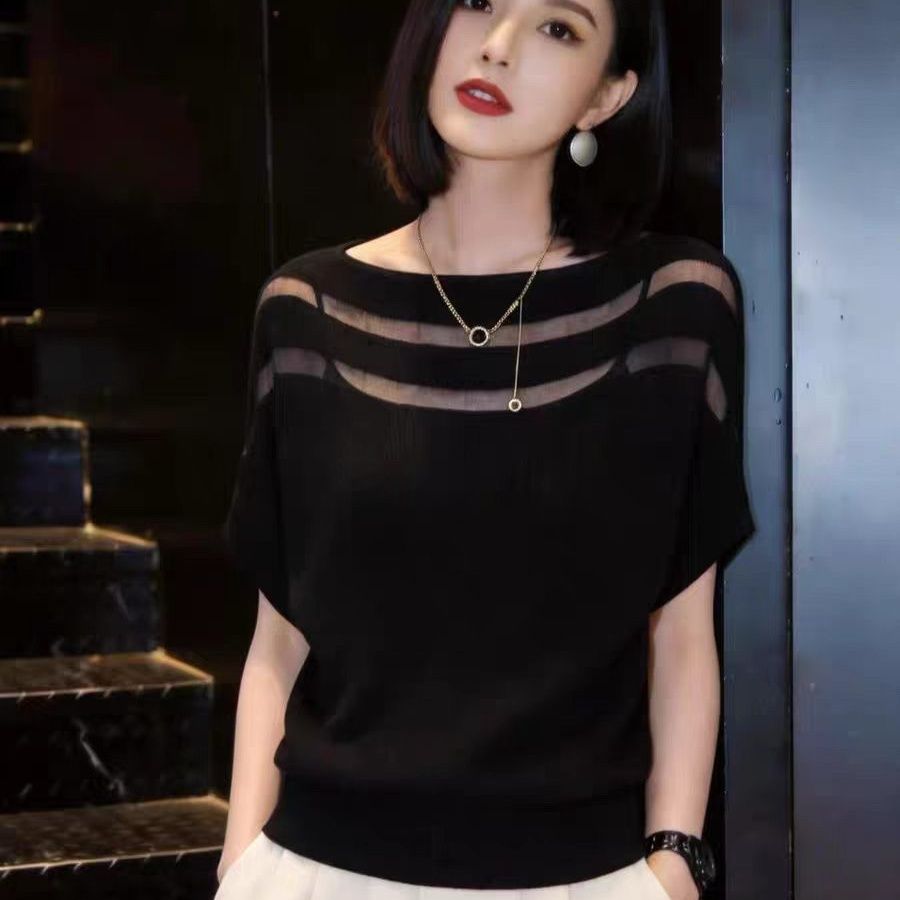 한국 스타일 오프숄더 얼음 실크 니트 스웨터 티셔츠 루즈핏 여름 슬림해 보이는 외국 가스 패션 품격 박쥐 다용도 맨위
